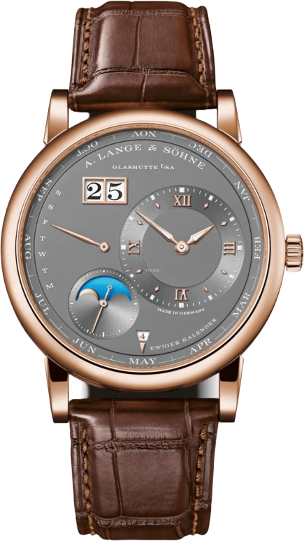 A. Lange & Söhne,Lange 1 41.90mm,41.90mm,Pink Gold,Grey,Automatic,Moonphase,Perpetual Calendar,Leap Year,Month,50hours,In-house Caliber,345,345.033