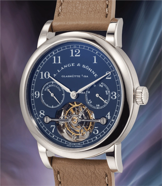 A. Lange & Söhne,Tourbillon 38.50mm,38.50mm,White Gold,Blue,Handwound,Power Reserve Indicator,Tourbillon,Chain & Fusée,701,701.007