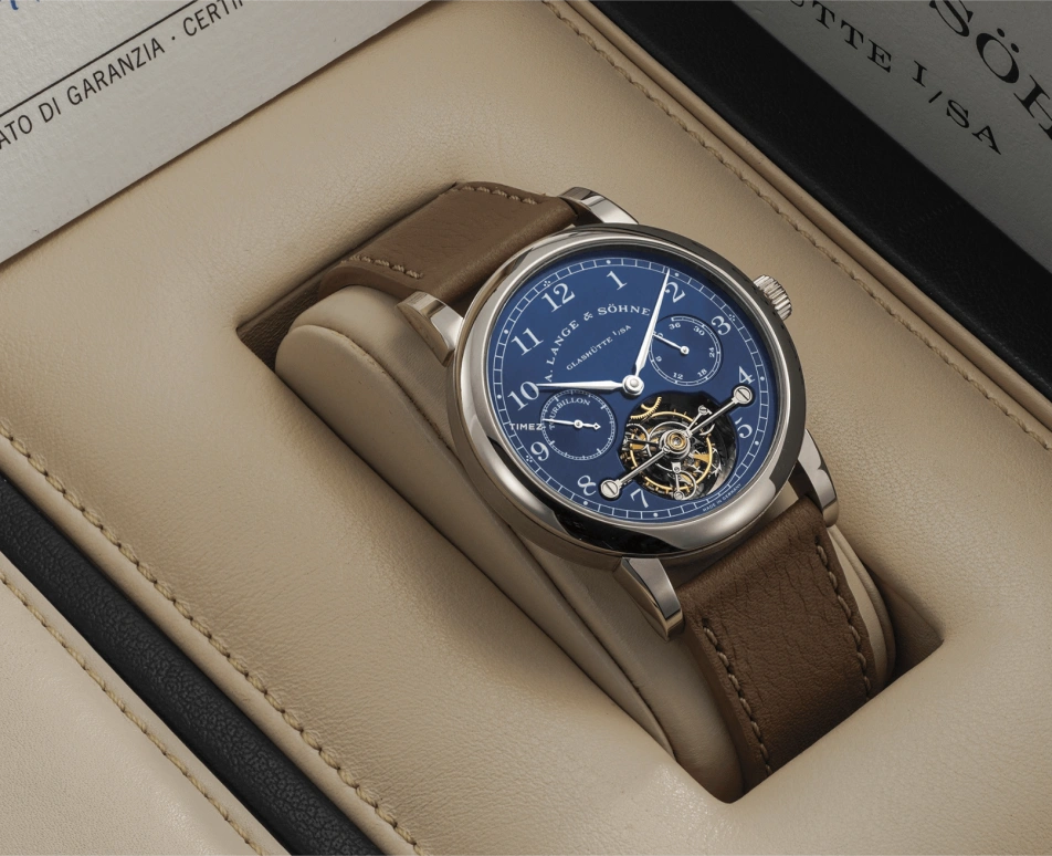 A. Lange & Söhne,Tourbillon 38.50mm,38.50mm,White Gold,Blue,Handwound,Power Reserve Indicator,Tourbillon,Chain & Fusée,701,701.007