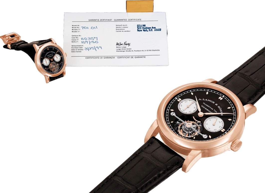 A. Lange & Söhne,Tourbillon 38.50mm,38.50mm,Pink Gold,Black,Handwound,Power Reserve Indicator,Tourbillon,Chain & Fusée,701,701.011