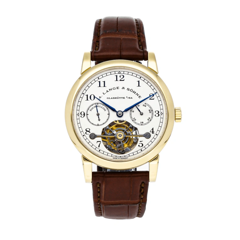 A. Lange & Söhne,Tourbillon 38.50mm,38.50mm,Yellow Gold,Silver,Handwound,Power Reserve Indicator,Tourbillon,Chain & Fusée,701,701.001