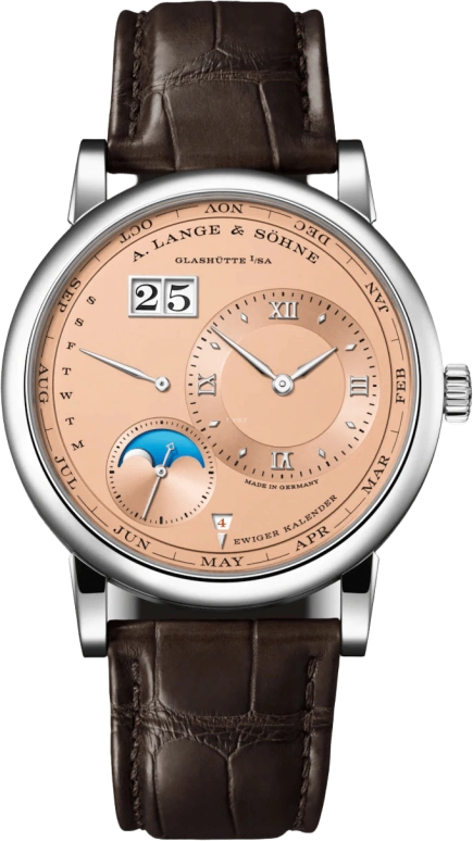 A. Lange & Söhne,Lange 1 41.90mm,41.90mm,White Gold,Pink,Automatic,Moonphase,Perpetual Calendar,Leap Year,Month,50hours,In-house Caliber,345,345.056