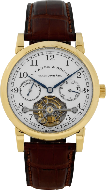 A. Lange & Söhne,Tourbillon 38.50mm,38.50mm,Yellow Gold,Silver,Handwound,Power Reserve Indicator,Tourbillon,Chain & Fusée,701,701.001