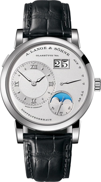 A. Lange & Söhne,Lange 1 38.50mm,38.50mm,Platinum,Silver,Handwound,Moonphase,Power Reserve Indicator,Big Date,190,190.025