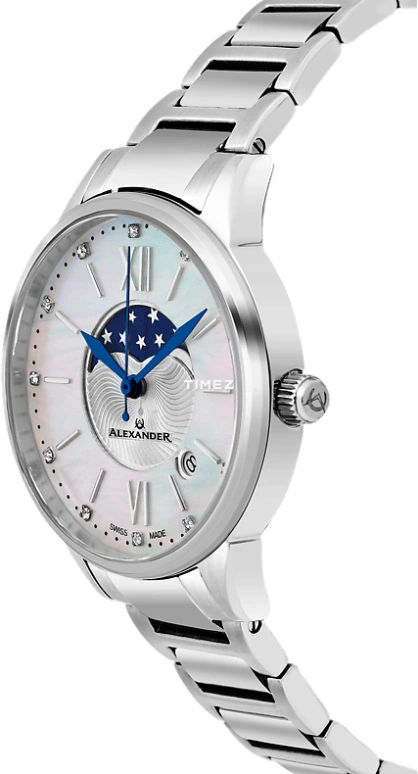 Alexander,WOMEN'S WATCHES 35mm,35mm,Stainless Steel,Silver,Quartz,Moonphase,Day,AD204B,AD204B-01