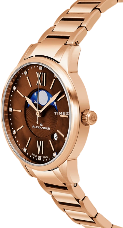 Alexander,WOMEN'S WATCHES 35mm,35mm,Stainless Steel,Brown,Quartz,Moonphase,Day,AD204B,AD204B-06