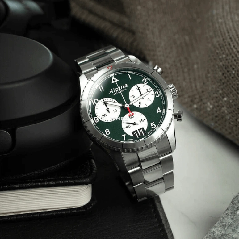 Alpina,STARTIMER 41mm,41mm,Stainless Steel,Green,Quartz,Chronograph,Big Date,AL,AL-372GRS4S26B