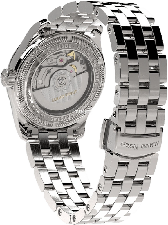 Armand Nicolet,M03 34mm,34mm,Stainless Steel,Silver White,Automatic,Day,Sapphire,Crystal Glass,A151BAA,A151BAA-AN-MA150