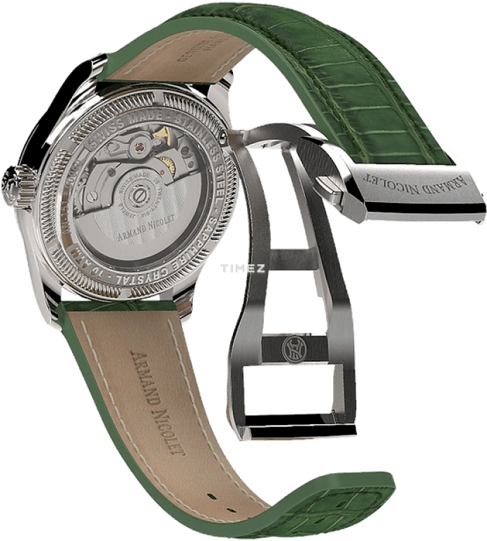 Armand Nicolet,M03 34mm,34mm,Stainless Steel,White,Green,Automatic,Day,Sapphire,Crystal Glass,A151EAA,A151EAA-AV-P882VR8