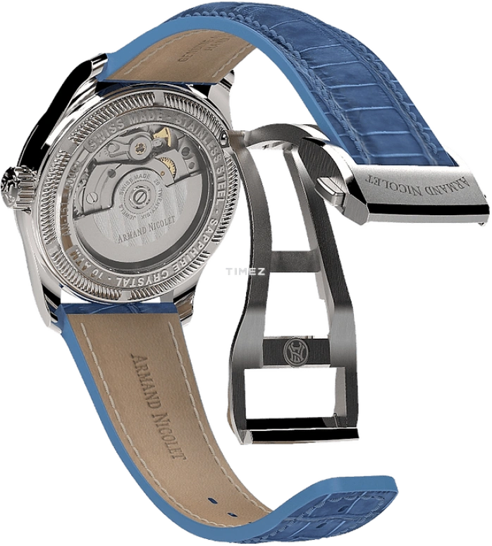 Armand Nicolet,M03 34mm,34mm,Stainless Steel,White,Blue,Automatic,Day,Sapphire,Crystal Glass,A151BAA,A151BAA-AK-P882LV8