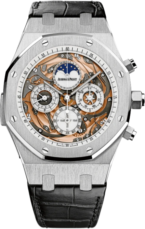 Audemars Piguet,Royal Oak 44mm,44mm,White Gold,Skeleton,Automatic,Chronograph,Moonphase,Perpetual Calendar,Month,45hours,In-house Caliber,26552BC,26552BC.OO.D002CR.01