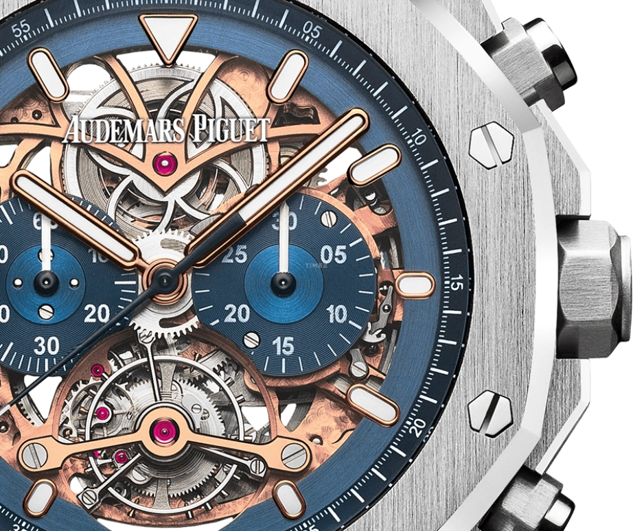 Audemars Piguet,Royal Oak 44mm,44mm,White Gold,Skeleton,Blue,Handwound,Chronograph,Tourbillon,26347PT,26347PT.OO.D315CR.01