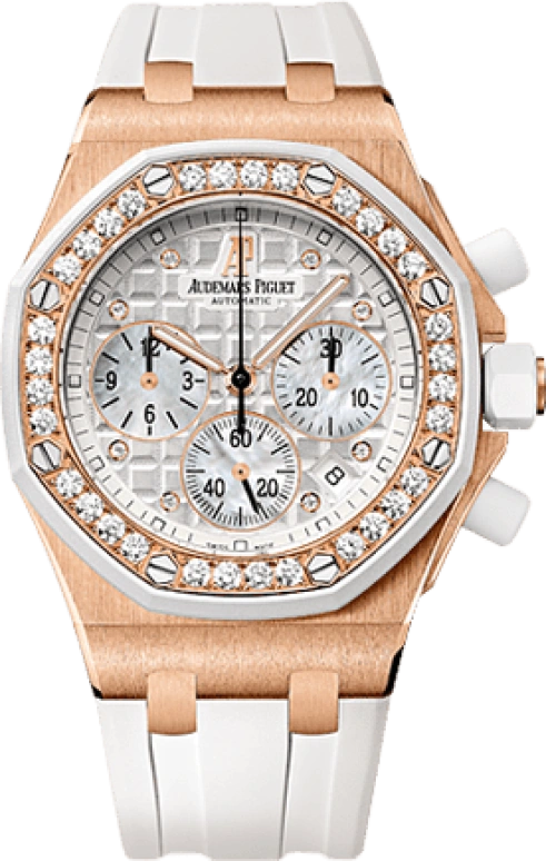 Audemars Piguet,Royal Oak Offshore 37mm,37mm,Pink Gold,Rubber,White,Silver,Automatic,Chronograph,Day,26048OK,26048OK.ZZ.D010CA.01