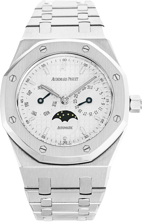 Audemars Piguet,Royal Oak 36mm,36mm,Stainless Steel,White,Silver,Automatic,Moonphase,Date,Day,25594ST,25594ST.OO.0789ST.05