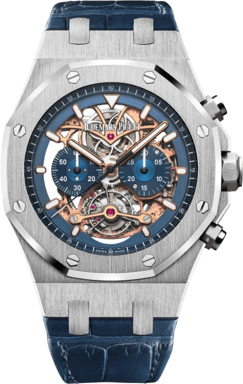 Audemars Piguet,Royal Oak 44mm,44mm,White Gold,Skeleton,Blue,Handwound,Chronograph,Tourbillon,26347PT,26347PT.OO.D315CR.01