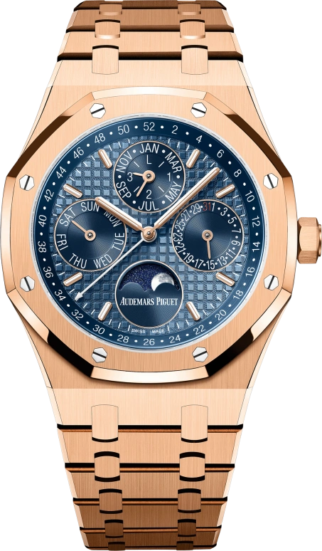 Audemars Piguet,Royal Oak 41mm,41mm,Pink Gold,Blue,Automatic,Moonphase,Perpetual Calendar,Leap Year,Month,40hours,In-house Caliber,26574OR,26574OR.OO.1220OR.03