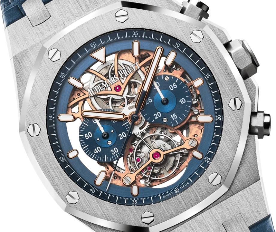 Audemars Piguet,Royal Oak 44mm,44mm,White Gold,Skeleton,Blue,Handwound,Chronograph,Tourbillon,26347PT,26347PT.OO.D315CR.01