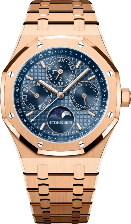 Audemars Piguet,Royal Oak 41mm,41mm,Pink Gold,Blue,Automatic,Moonphase,Perpetual Calendar,Leap Year,Month,40hours,In-house Caliber,26574OR,26574OR.OO.1220OR.03