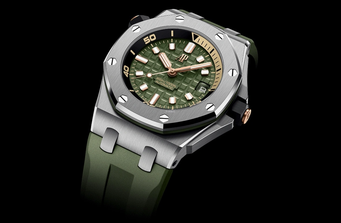 Audemars Piguet,Royal Oak Offshore 42mm,42mm,Stainless Steel,Pink Gold,Ceramic,Green,Automatic,Day,60hours,15720ST,15720ST.OO.A052CA.01