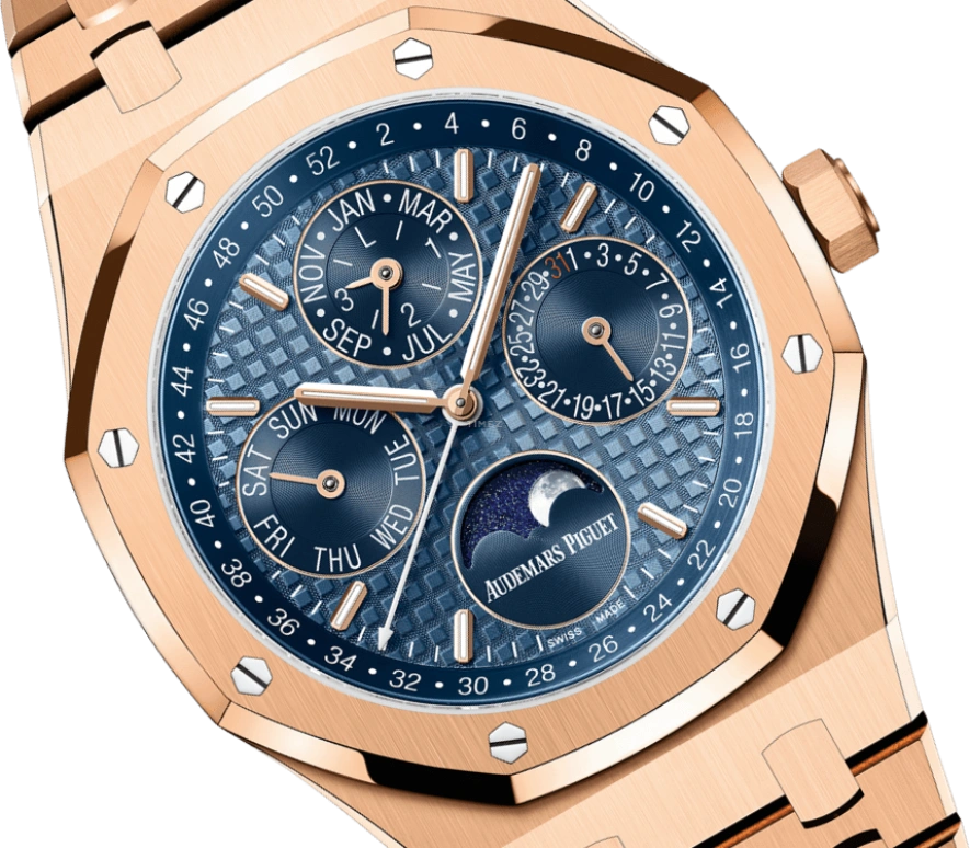 Audemars Piguet,Royal Oak 41mm,41mm,Pink Gold,Blue,Automatic,Moonphase,Perpetual Calendar,Leap Year,Month,40hours,In-house Caliber,26574OR,26574OR.OO.1220OR.03