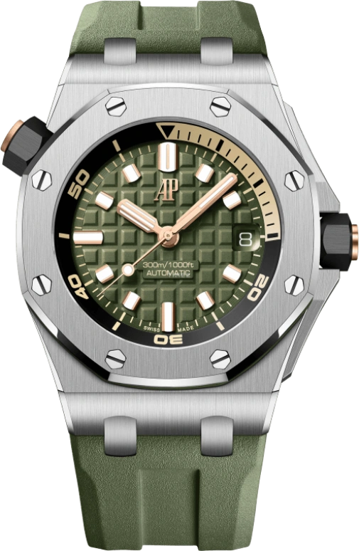 Audemars Piguet,Royal Oak Offshore 42mm,42mm,Stainless Steel,Pink Gold,Ceramic,Green,Automatic,Day,60hours,15720ST,15720ST.OO.A052CA.01