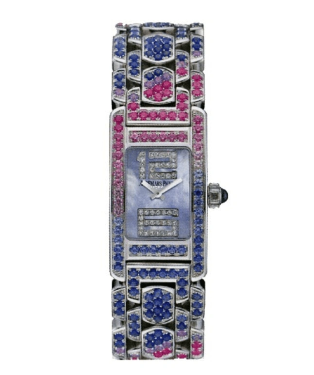 爱彼,其它 18.20x32.60毫米,18.20x32.60毫米,白金,蓝色,石英,蓝宝石,水晶玻璃,长方形,67465BC,67465BC.YY.1189BC.02