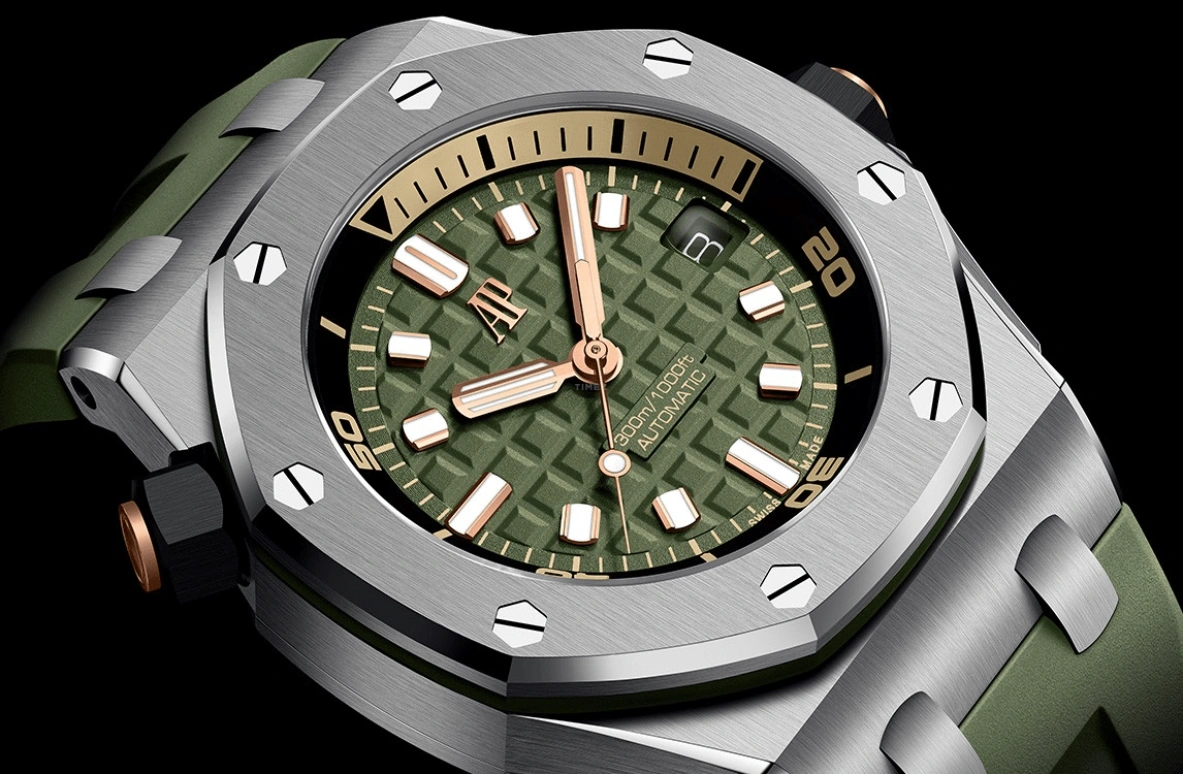 Audemars Piguet,Royal Oak Offshore 42mm,42mm,Stainless Steel,Pink Gold,Ceramic,Green,Automatic,Day,60hours,15720ST,15720ST.OO.A052CA.01