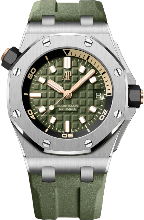 Audemars Piguet,Royal Oak Offshore 42mm,42mm,Stainless Steel,Pink Gold,Ceramic,Green,Automatic,Day,60hours,15720ST,15720ST.OO.A052CA.01