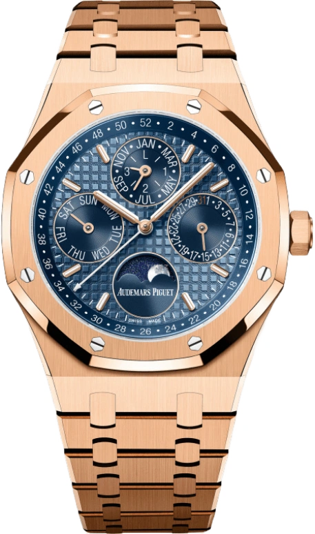 Audemars Piguet,Royal Oak 41mm,41mm,Pink Gold,Blue,Automatic,Moonphase,Perpetual Calendar,Leap Year,Month,40hours,In-house Caliber,26574OR,26574OR.OO.1220OR.03