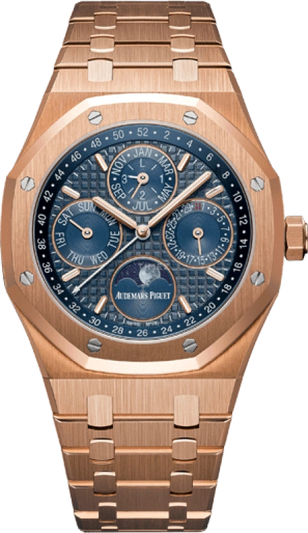 Audemars Piguet,Royal Oak 41mm,41mm,Rose Gold,Blue,Automatic,Moonphase,Perpetual Calendar,Leap Year,Month,40hours,In-house Caliber,26574OR,26574OR.OO.1220OR.02