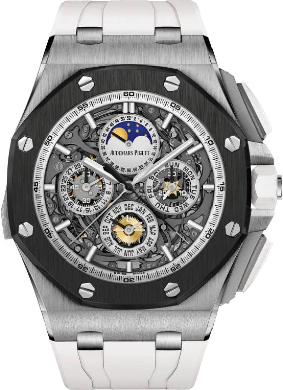 Audemars Piguet,Royal Oak Offshore 44mm,44mm,Titanium,Ceramic,Skeleton,Grey,Automatic,Chronograph,Moonphase,Perpetual Calendar,Month,45hours,In-house Caliber,26571IO,26571IO.OO.A010CA.01