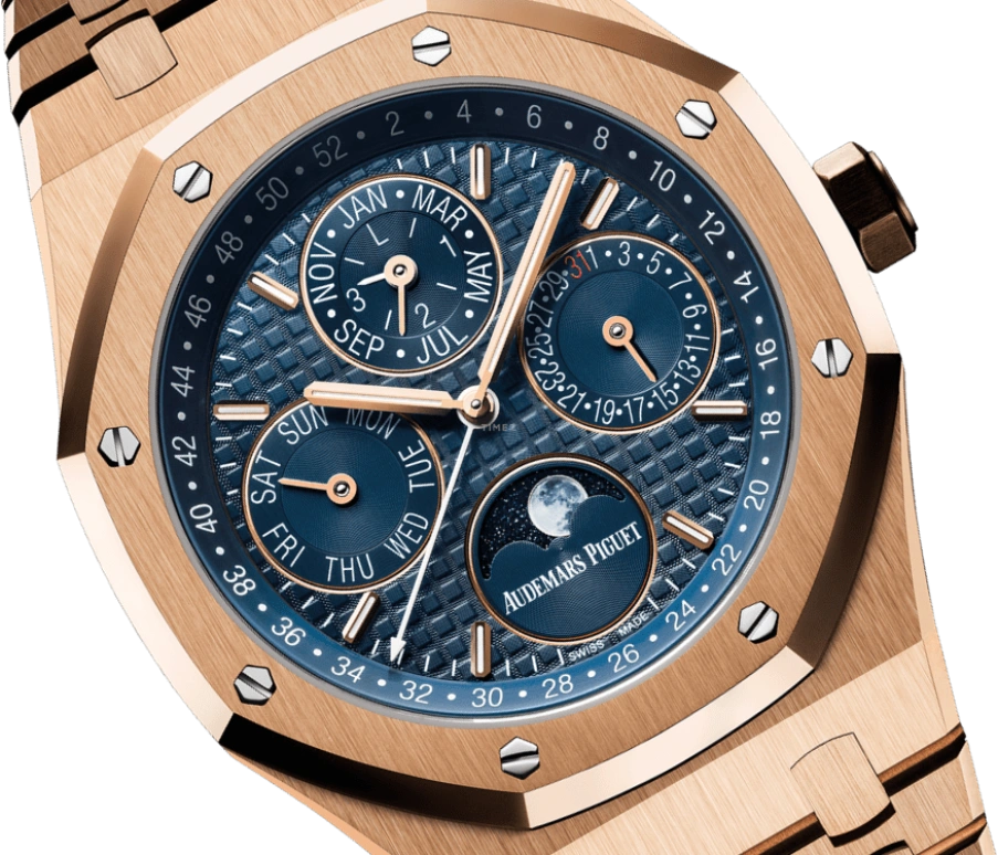 Audemars Piguet,Royal Oak 41mm,41mm,Rose Gold,Blue,Automatic,Moonphase,Perpetual Calendar,Leap Year,Month,40hours,In-house Caliber,26574OR,26574OR.OO.1220OR.02