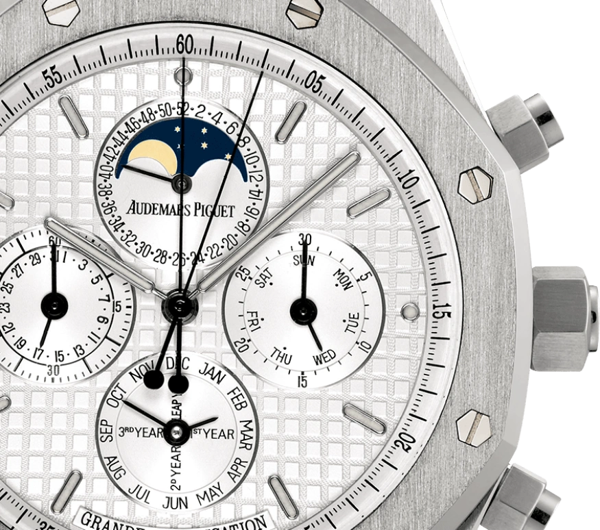 Audemars Piguet,Royal Oak 44mm,44mm,White Gold,Silver,White,Automatic,Chronograph,Moonphase,Perpetual Calendar,Month,45hours,In-house Caliber,25865BC,25865BC.OO.1105BC.04