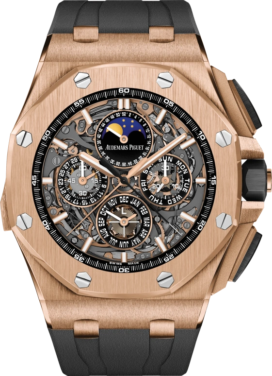 Audemars Piguet,Royal Oak Offshore 44mm,44mm,Pink Gold,Skeleton,Grey,Automatic,Chronograph,Moonphase,Perpetual Calendar,Month,45hours,In-house Caliber,26571OR,26571OR.OO.A002CA.01