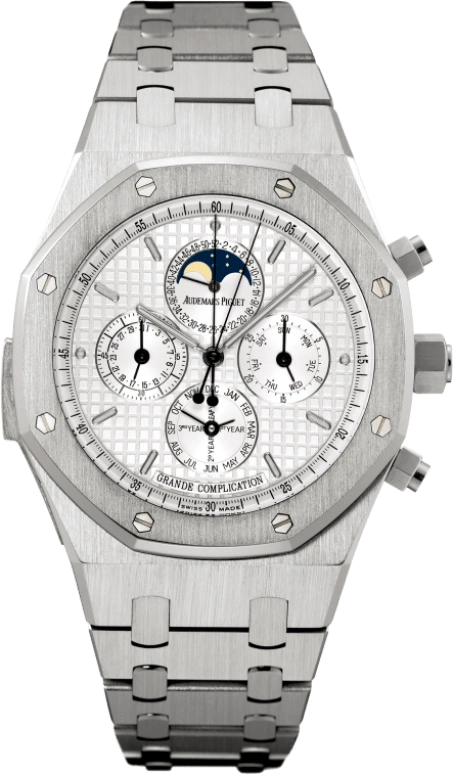 Audemars Piguet,Royal Oak 44mm,44mm,White Gold,Silver,White,Automatic,Chronograph,Moonphase,Perpetual Calendar,Month,45hours,In-house Caliber,25865BC,25865BC.OO.1105BC.04