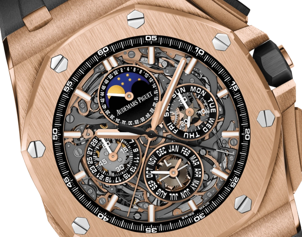 Audemars Piguet,Royal Oak Offshore 44mm,44mm,Pink Gold,Skeleton,Grey,Automatic,Chronograph,Moonphase,Perpetual Calendar,Month,45hours,In-house Caliber,26571OR,26571OR.OO.A002CA.01