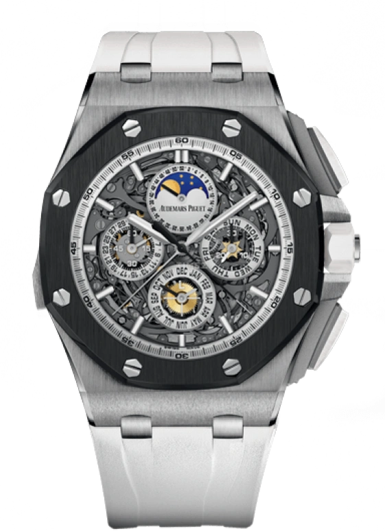 Audemars Piguet,Royal Oak Offshore 44mm,44mm,Titanium,Ceramic,Skeleton,Grey,Automatic,Chronograph,Moonphase,Perpetual Calendar,Month,45hours,In-house Caliber,26571IO,26571IO.OO.A010CA.01