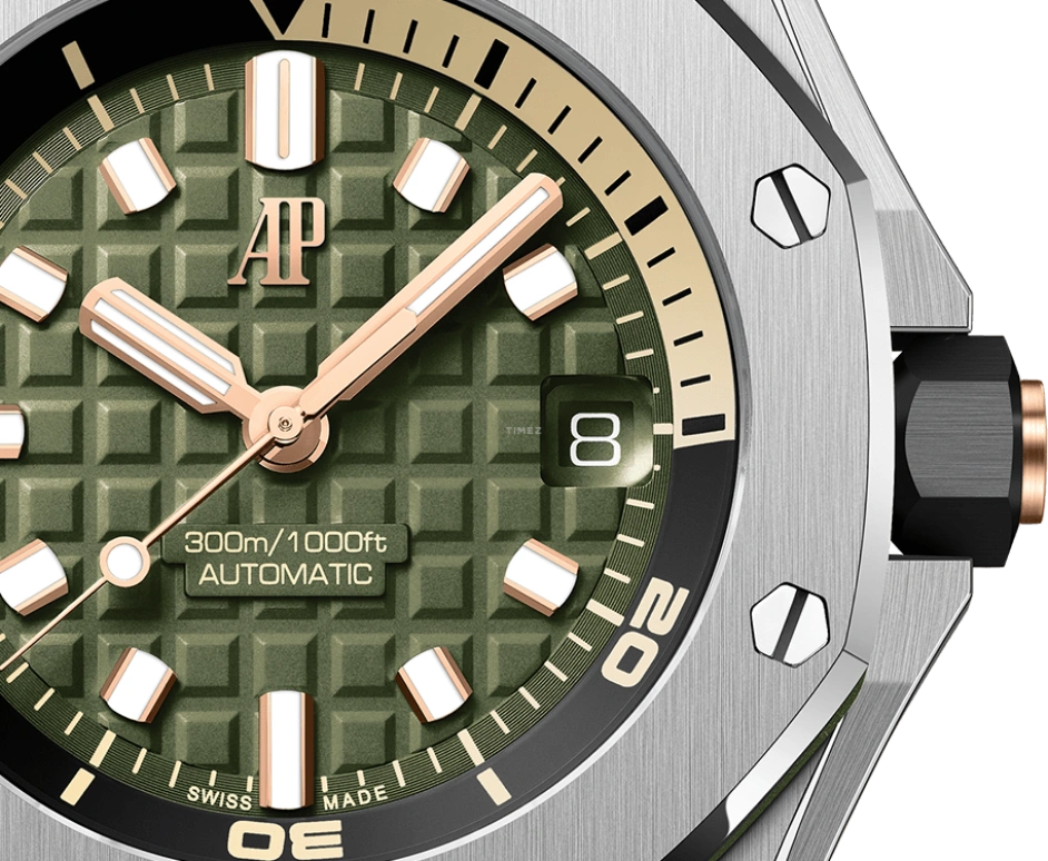 Audemars Piguet,Royal Oak Offshore 42mm,42mm,Stainless Steel,Pink Gold,Ceramic,Green,Automatic,Day,60hours,15720ST,15720ST.OO.A052CA.01