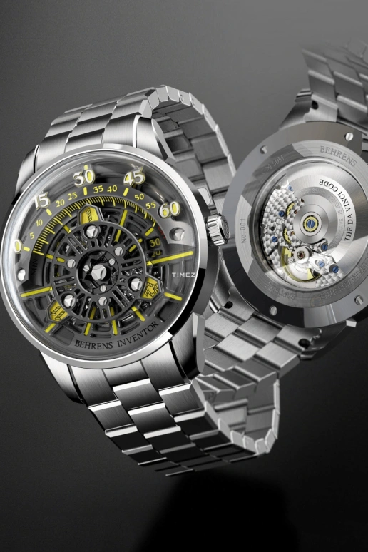 Behrens,Inventor 42mm,42mm,Stainless Steel,Skeleton,Yellow,Automatic,Day,41hours,BHR023GRYF