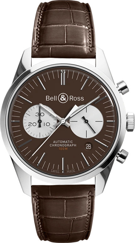 Bell & Ross,Vintage 41mm,41mm,Stainless Steel,Brown,Automatic,Chronograph,Date,Hollow Out,BRG126,BRG126-BRN-ST/SCR