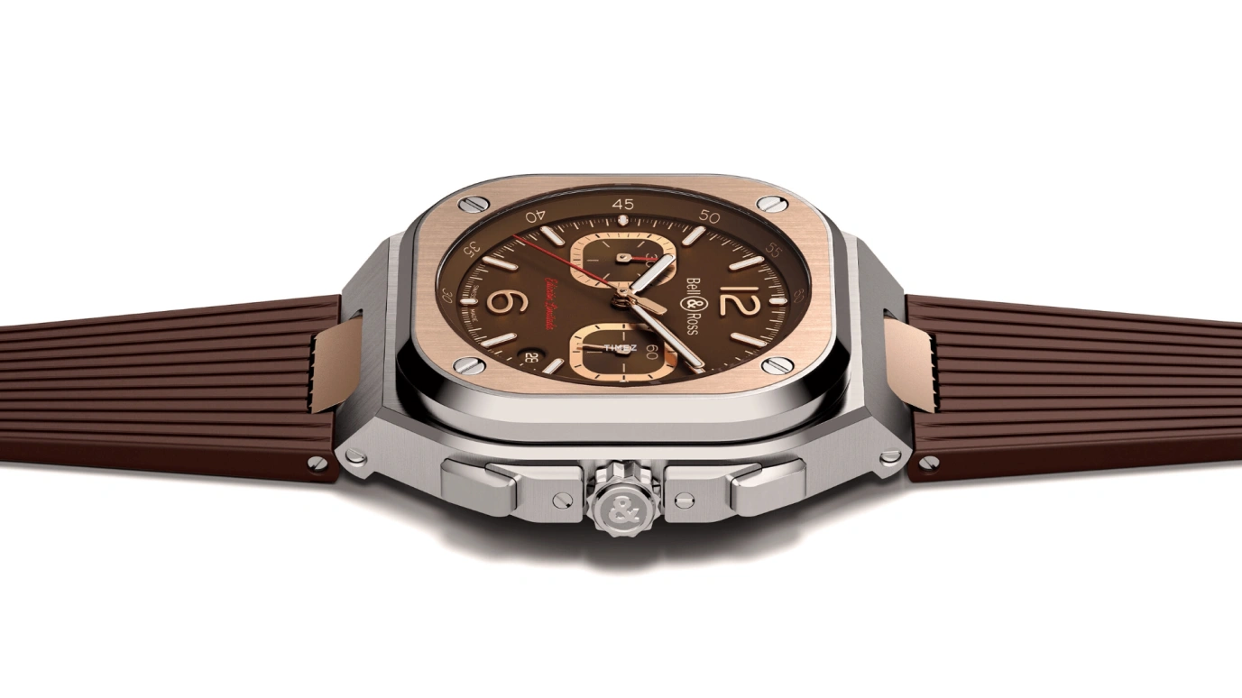 Bell & Ross,Instruments 42mm,42mm,Stainless Steel,Rose Gold,Coffee,Brown,Automatic,Chronograph,Day,BR05C,BR05C-LDA/SRB