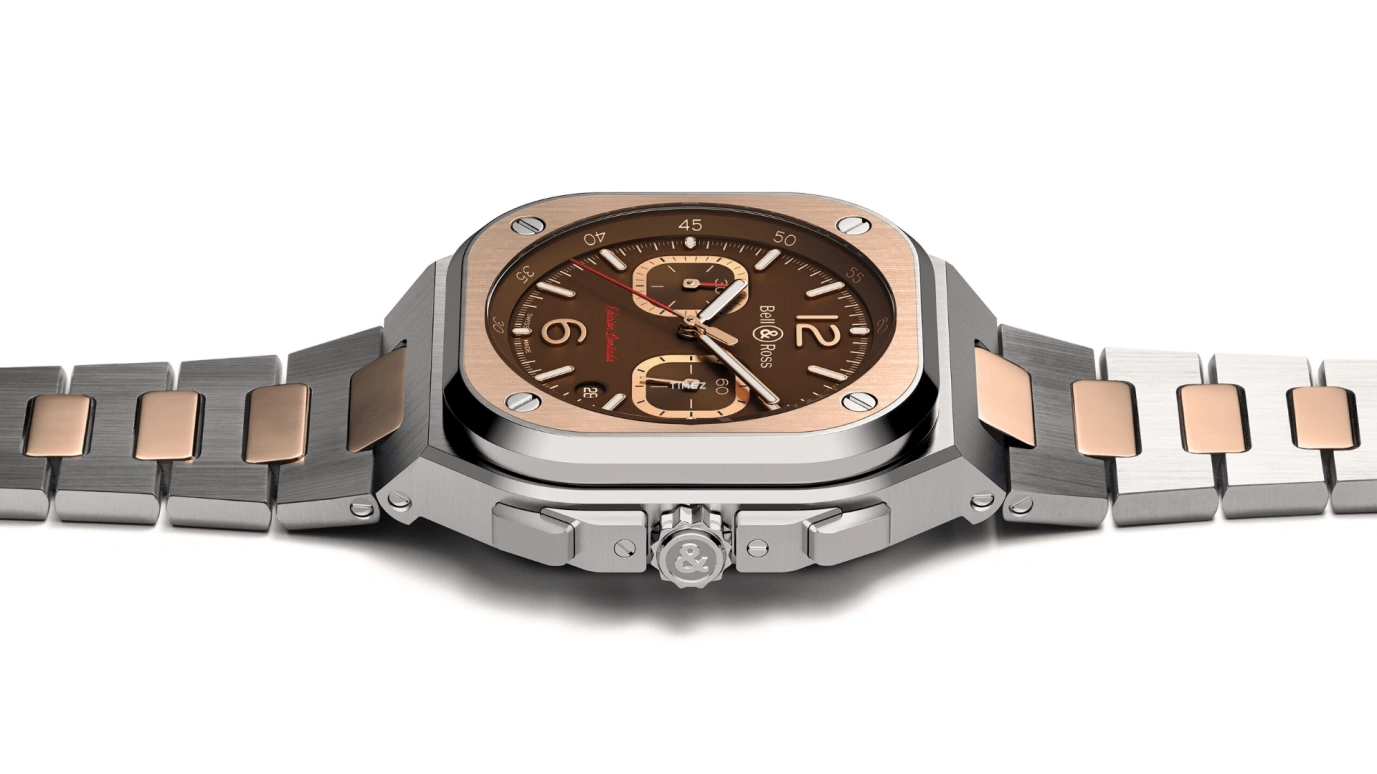 Bell & Ross,Instruments 42mm,42mm,Stainless Steel,Rose Gold,Coffee,Brown,Automatic,Chronograph,Day,BR05C,BR05C-LDA/SSG