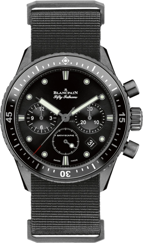 Blancpain,Fifty Fathoms 43.60mm,43.60mm,Ceramic,Black,Automatic,Chronograph,Date,Flyback,Column Wheel,50hours,In-house Caliber,5200,5200-0130-NABA