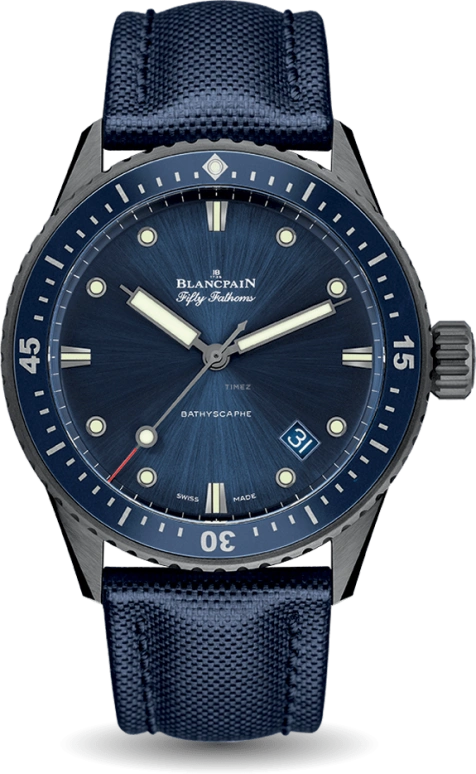 Blancpain,Fifty Fathoms 43.60mm,43.60mm,Ceramic,Blue,Automatic,Day,Anti-magnetic,5000,5000-0240-O52A