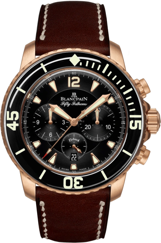 Blancpain,Fifty Fathoms 45mm,45mm,Red Gold,Black,Automatic,Chronograph,Date,Flyback,Anti-magnetic,50hours,In-house Caliber,5085FA,5085FA-3630-63B