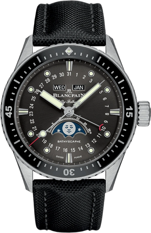 Blancpain,Fifty Fathoms 43mm,43mm,Stainless Steel,Grey,Automatic,Moonphase,Month,Date,Day,72hours,In-house Caliber,5054,5054-1110-B52A