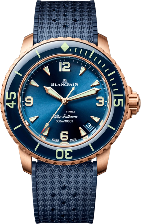 Blancpain,Fifty Fathoms 42.30mm,42.30mm,Red Gold,Blue,Automatic,Day,120hours,5010 36B40 O64B