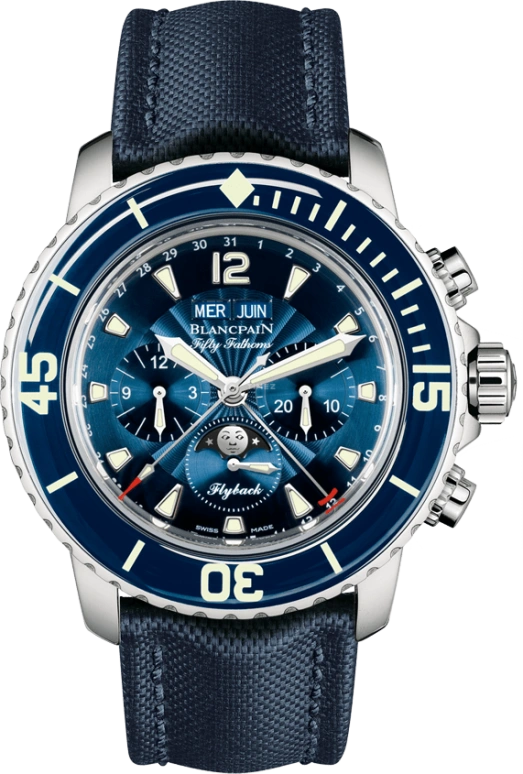 Blancpain,Fifty Fathoms 45mm,45mm,Stainless Steel,Blue,Automatic,Chronograph,Moonphase,Month,Date,40hours,In-house Caliber,5066F,5066F-1140-52B