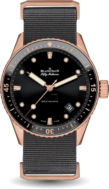 Blancpain,Fifty Fathoms 43mm,43mm,Sedna Gold,Black,Automatic,Day,Anti-magnetic,5000,5000-36S30-NABA