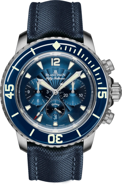 Blancpain,Fifty Fathoms 45mm,45mm,Stainless Steel,Blue,Automatic,Chronograph,Date,Flyback,Anti-magnetic,50hours,In-house Caliber,5085FB,5085FB-1140-52B